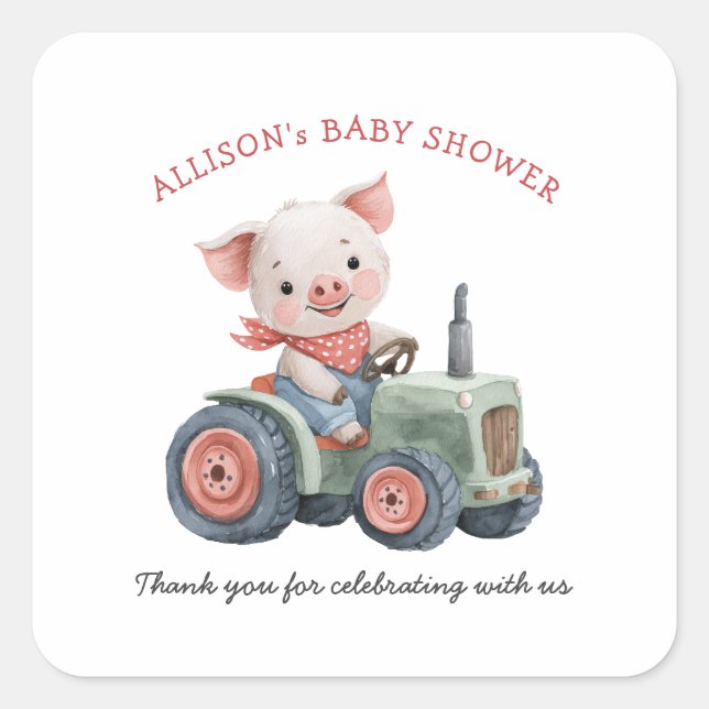 Cute Farm Animals Pig Tractor Baby Shower Square Sticker (Front)