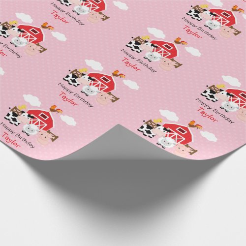 Cute Farm Animals Pink Birthday Personalized Wrapping Paper