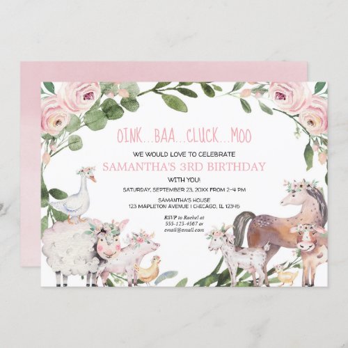 Cute farm animals pink floral girl birthday party invitation