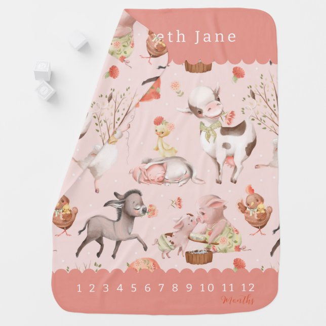 Cute Farm Animals Pink Girl Baby Milestone Blanket (In Situ)