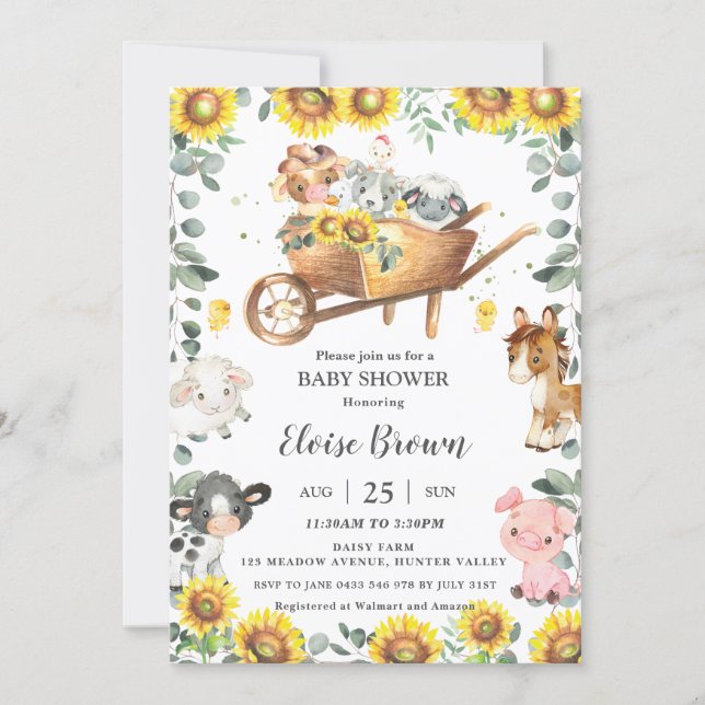 Cute Farm Animals Sunflower Greenery Baby Shower   Invitation (Front)