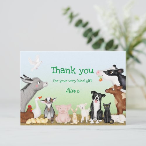Cute farm animals thank you card small