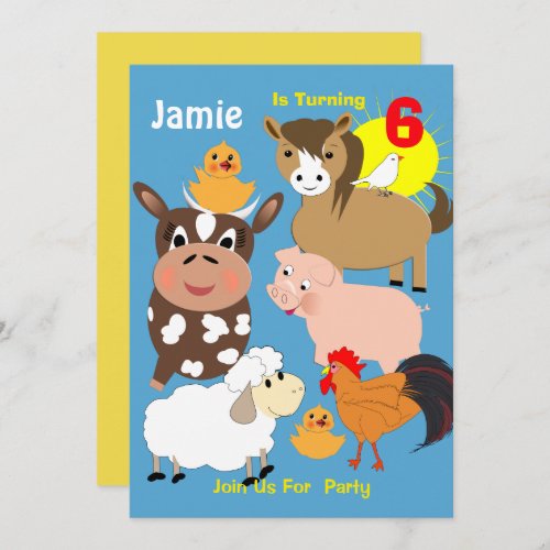 Cute Farm Animals Themed Kids Birthday Party Invitation