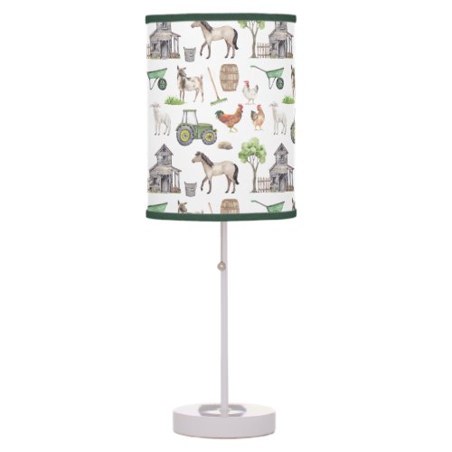 Cute Farm Animals Tractors Green Boy Nursery Table Lamp