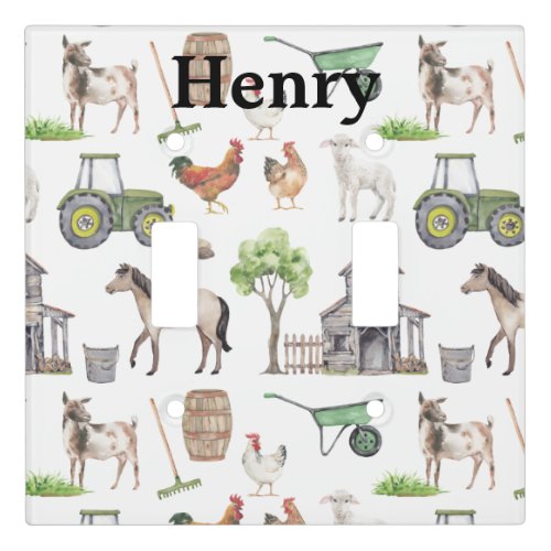 Cute Farm Animals Tractors Green Name Boy  Light Switch Cover