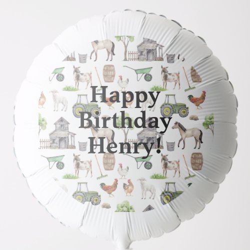 Cute Farm Animals Tractors Happy Birthday Name Balloon
