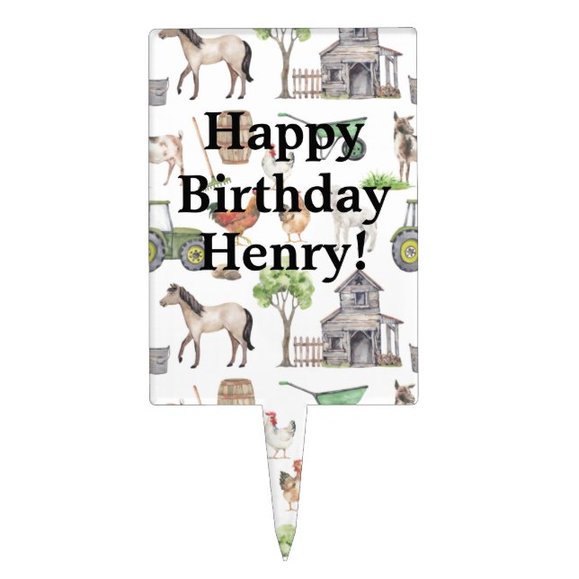 Cute Farm Animals Tractors Happy Birthday Name Cake Topper (Front)