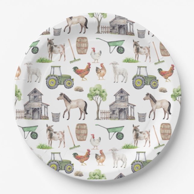 Cute Farm Animals Tractors Happy Birthday Paper Plates (Front)