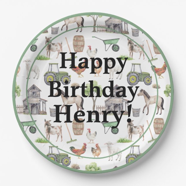 Cute Farm Animals Tractors Name Happy Birthday Boy Paper Plates (Front)