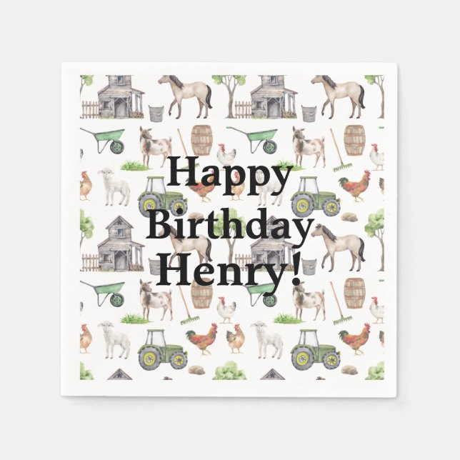 Cute Farm Animals Tractors Name Happy Birthday Napkins (Front)