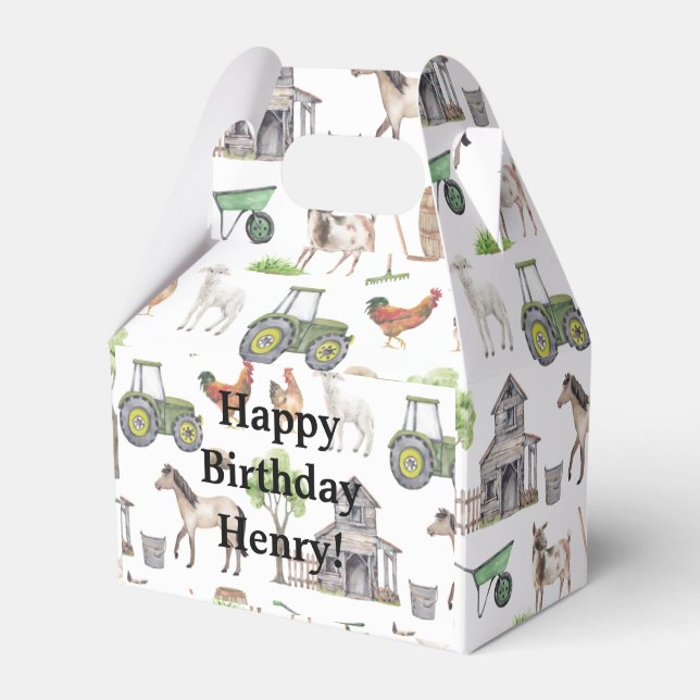 Cute Farm Animals Tractors Name Happy Favor Boxes (Front Side)