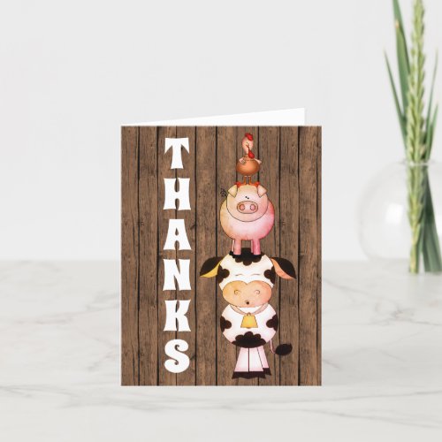 Cute Farm Animals with Barn Wood Background Thanks Thank You Card