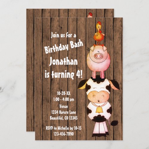 Cute Farm Animals with Barn Wood Birthday Invitation