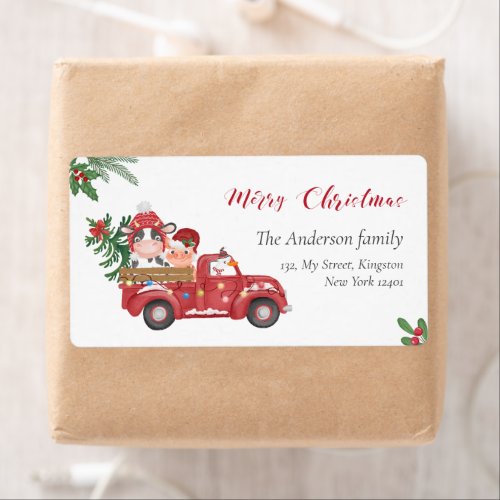 Cute Farm Animas Christmas Red truck holly berry Label