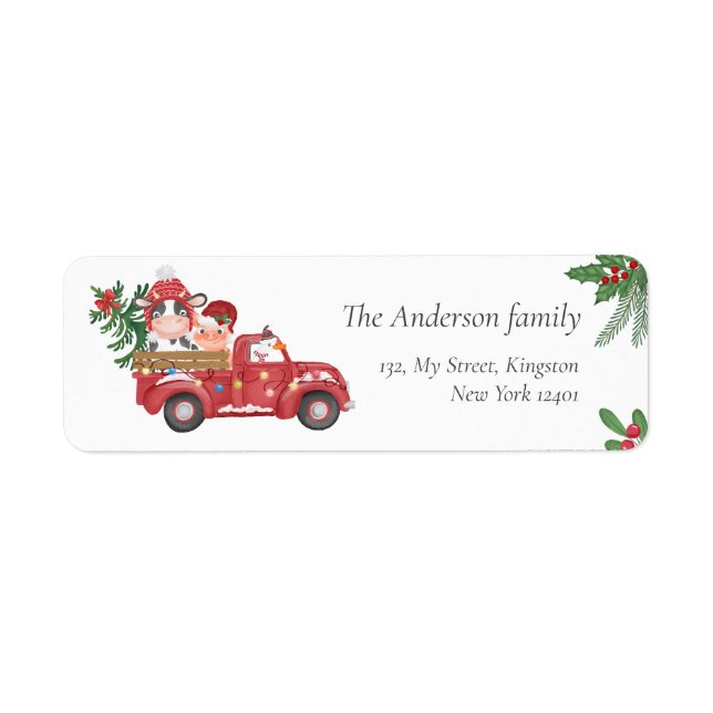 Cute Farm Animas Christmas Red truck, holly berry  Label (Front)