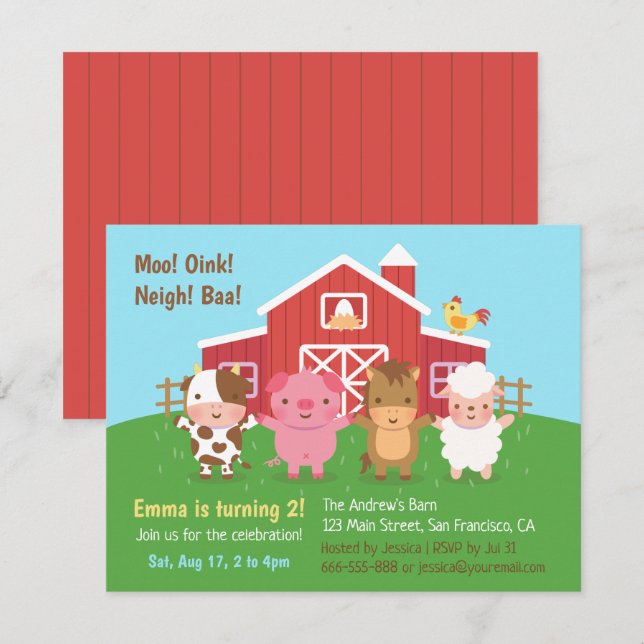 Cute Farm Barn Animals Kids Birthday Party Invitation (Front/Back)