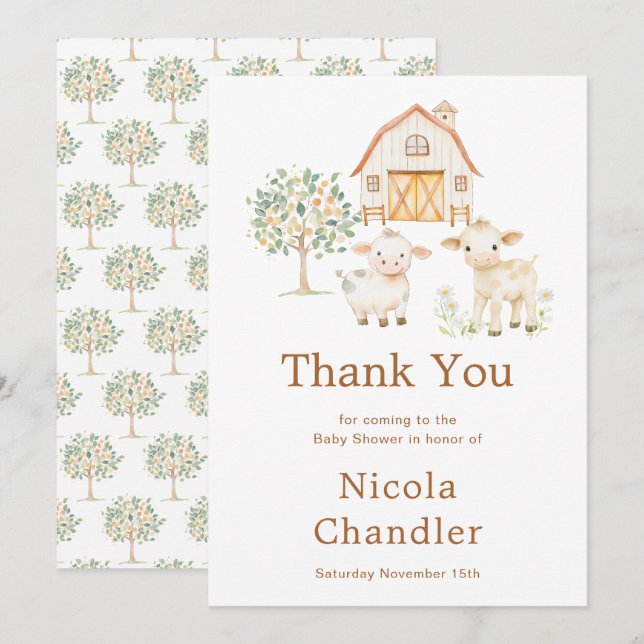 Cute Farm Barn Baby Shower  Thank You Card (Front/Back)