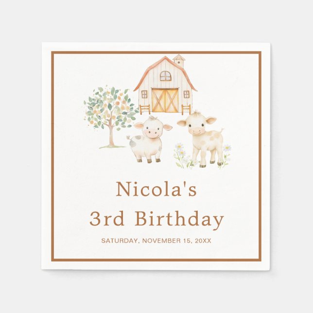 Cute Farm Barn Cows Birthday Napkins (Front)