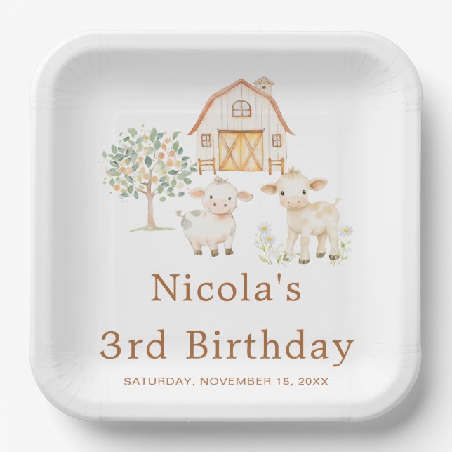 Cute Farm Barn Cows Birthday Paper Plates (Front)