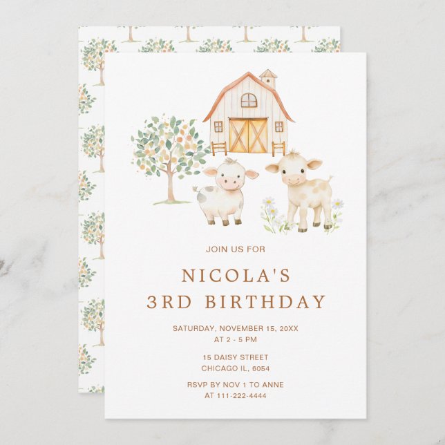 Cute Farm Barn Cows Birthday Party Invitation (Front/Back)