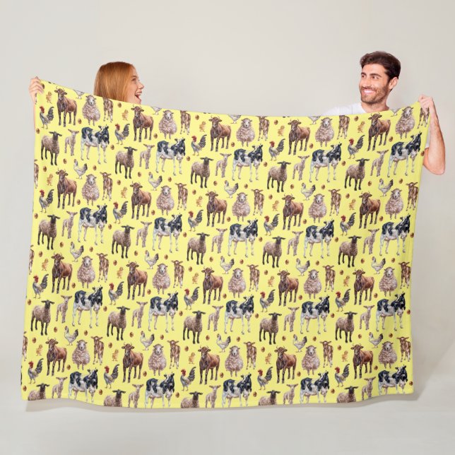 Cute Farm Barnyard Animals Cows Sheep Chickens Fun Fleece Blanket (In Situ)