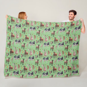 Cute Farm Barnyard Animals Cows Sheep Chickens Fun Fleece Blanket