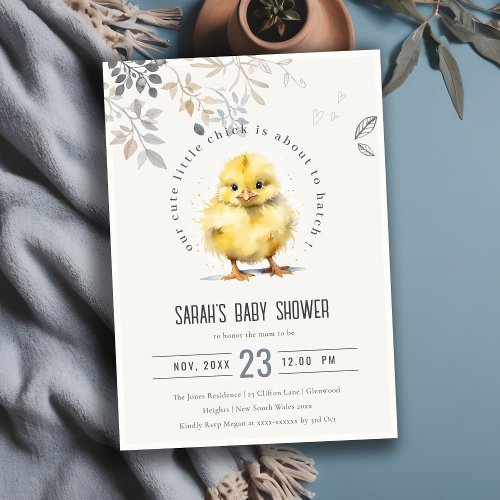Cute Farm Chick Watercolor Floral Baby Shower Invitation