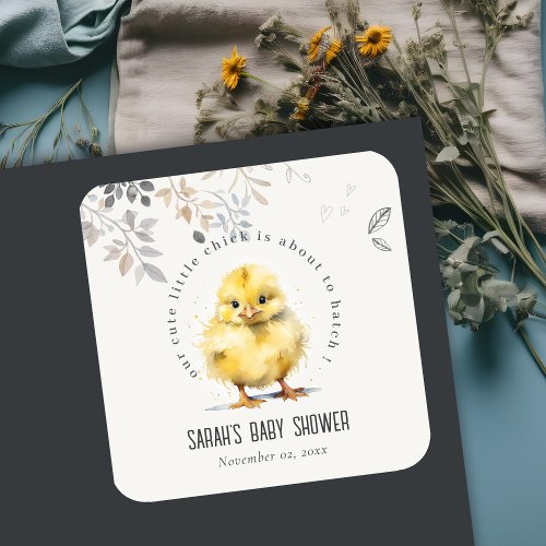 Cute Farm Chick Watercolor Floral Baby Shower Square Sticker