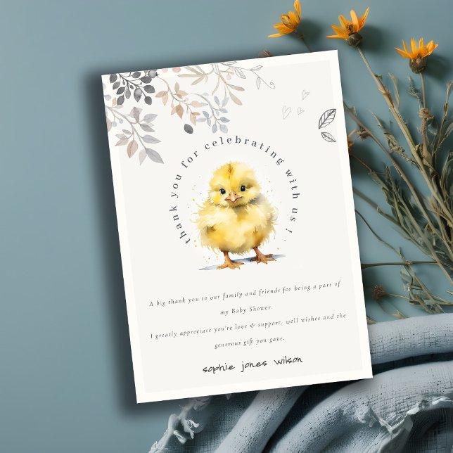 Cute Farm Chick Watercolor Floral Baby Shower Thank You Card (Creator Uploaded)