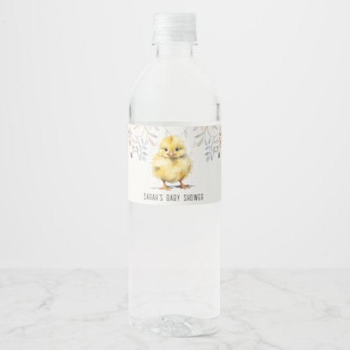 Cute Farm Chick Watercolor Floral Baby Shower Water Bottle Label
