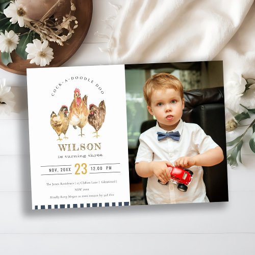 Cute Farm Chicken Watercolor Photo Birthday Invite