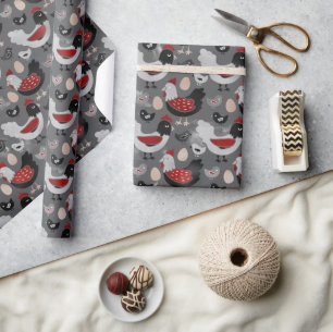 Cute Farm Chickens Grey & Red Modern Rustic Wrapping Paper
