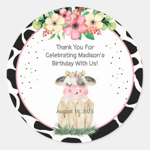 Cute Farm Cow Floral Girls Birthday Sticker