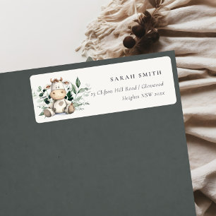 Cute Farm Cow Foliage Pastel Neutral Kids Birthday Label