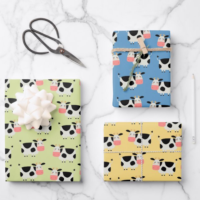 Cute Farm Cows Wrapping Paper Set of 3 (Front)