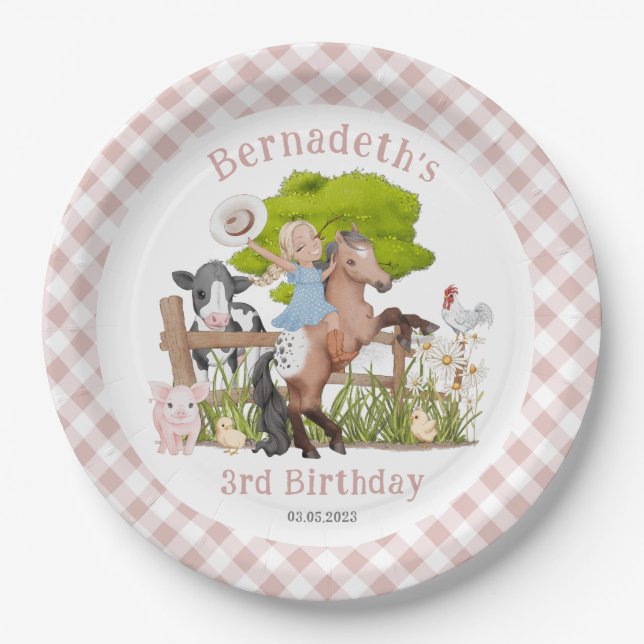 Cute Farm  Girl Birthday I Baby Shower Party Paper Plates (Front)