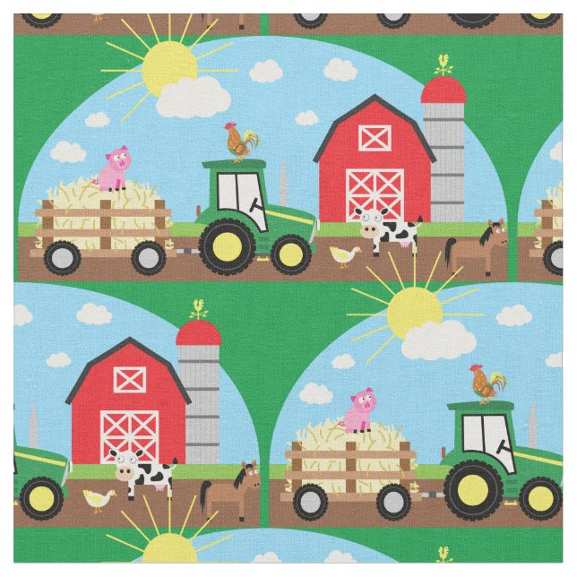 Cute Farm Kids Tractor Animals Fabric (Close Up)