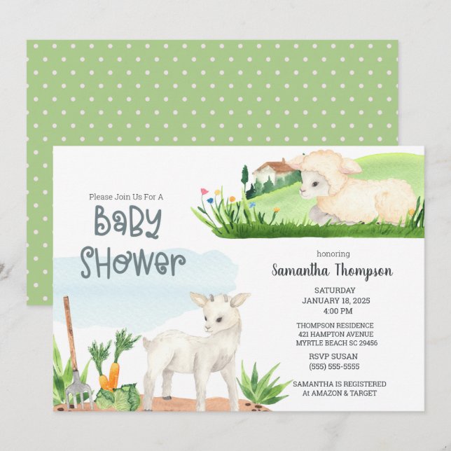 Cute Farm Lamb Green Boys Baby Shower Invitation (Front/Back)