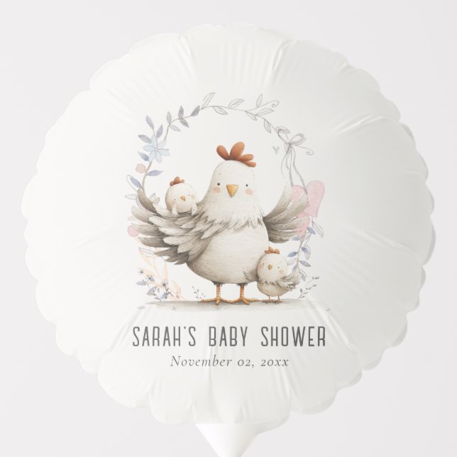Cute Farm Mum and Baby Chick Floral Baby Shower Balloon (Front)