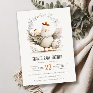 Cute Farm Mum and Baby Chick Floral Baby Shower Invitation