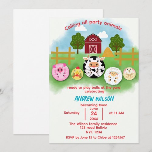 Cute Farm Party Animals Balls Birthday Invitation
