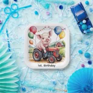 Cute Farm Pig On A Tractor 1st. Birthday Party Paper Plates