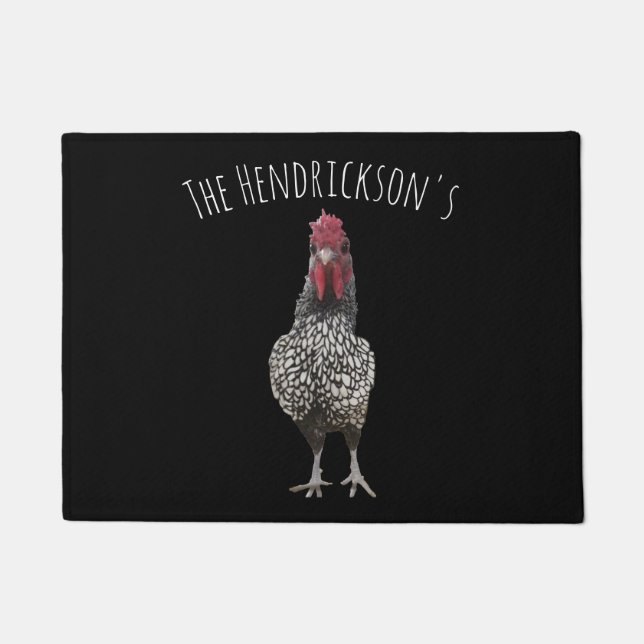 Cute Farm Rooster Personalized Name Black Doormat (Front)