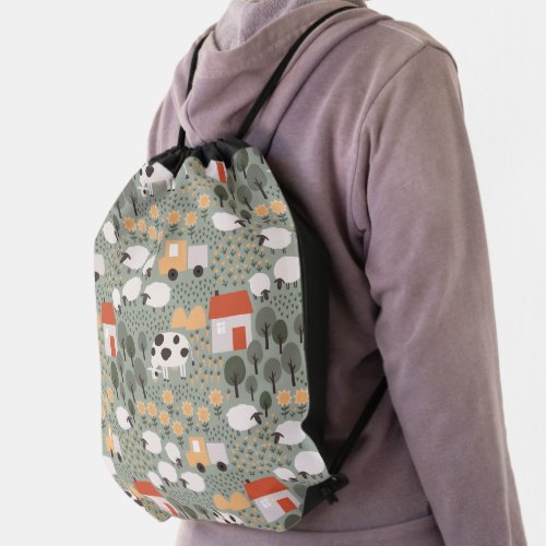 Cute Farm Scene Pattern Drawstring Bag