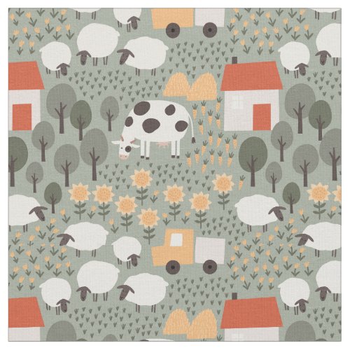 Cute Farm Scene Pattern Fabric