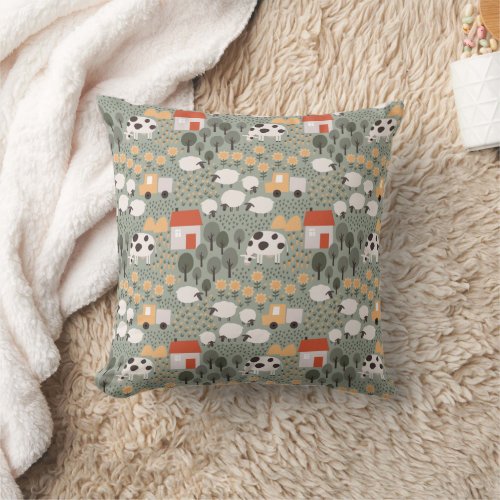 Cute Farm Scene Pattern Throw Pillow