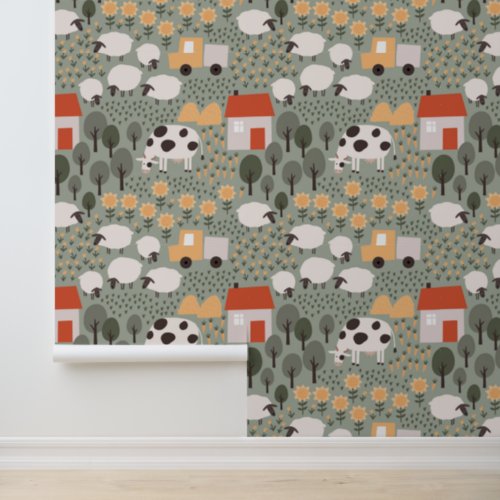 Cute Farm Scene Pattern Wallpaper