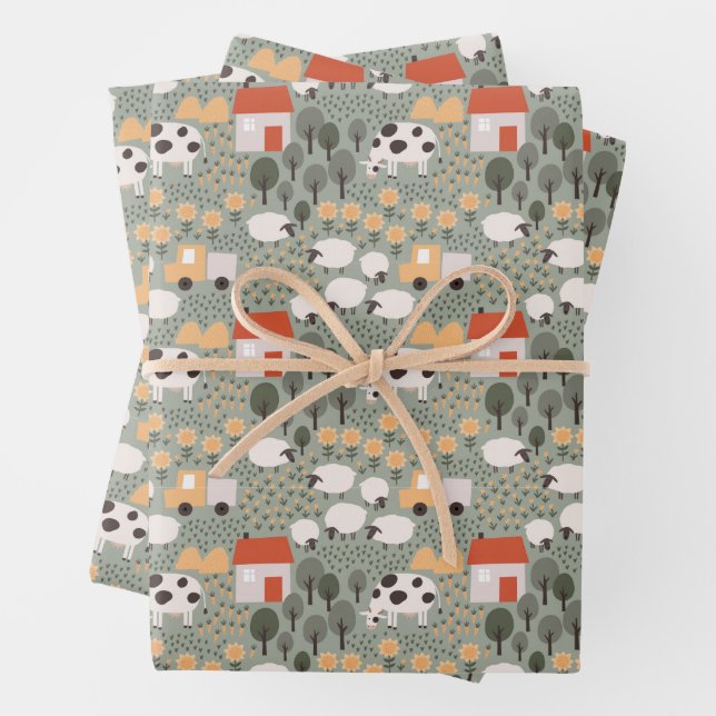 Cute Farm Scene Pattern Wrapping Paper Sheets (In situ)