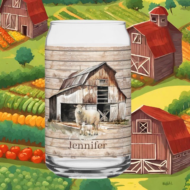 Cute Farm sheep lovers add name Can Glass (Creator Uploaded)