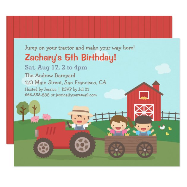 Cute Farm Tractor Kids Birthday Party Invitations